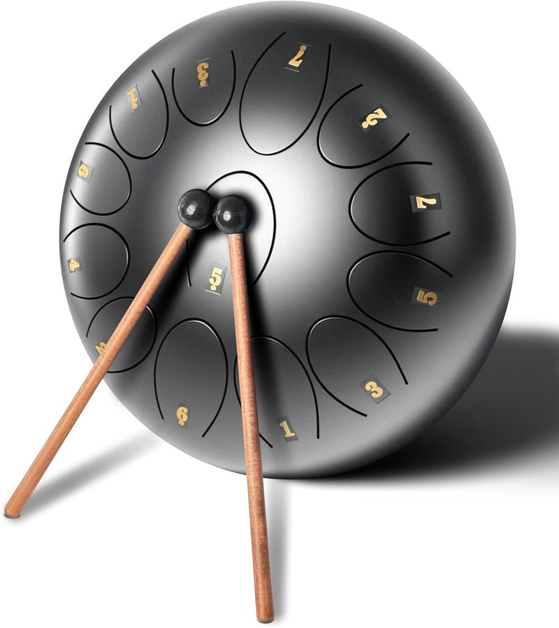 Regis Steel Tongue Drum 12 Inch 13 Notes C Major – Handpan Drum Percussion Instrument for Adults, Beginner Friendly Music Gift with Mallets, Music Book & Carry Bag (Black) - Image 1